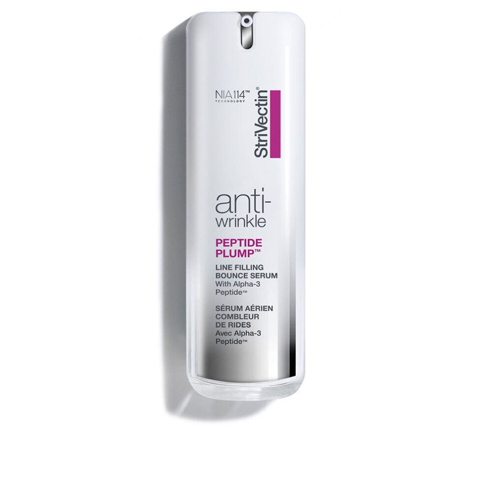 Weißes Serum mit Sprühkopf. Aufschrift: anti-wrinkle, PEPTIDE PLUMP, Strivectin. Lila Akzent. Flasche steht.