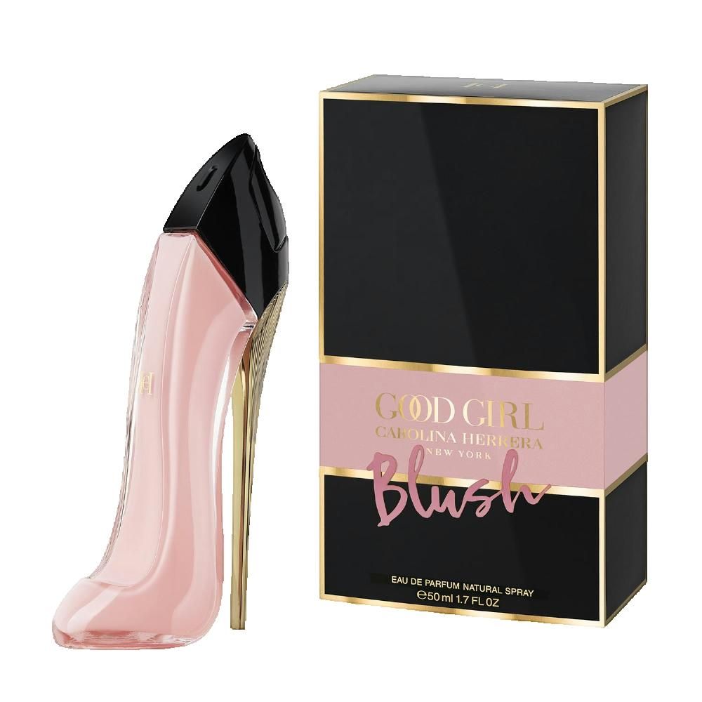 Rosa High Heel Flakon und Schachtel. Schwarze Schachtel mit rosa Streifen. Text: GOOD GIRL BLUSH.