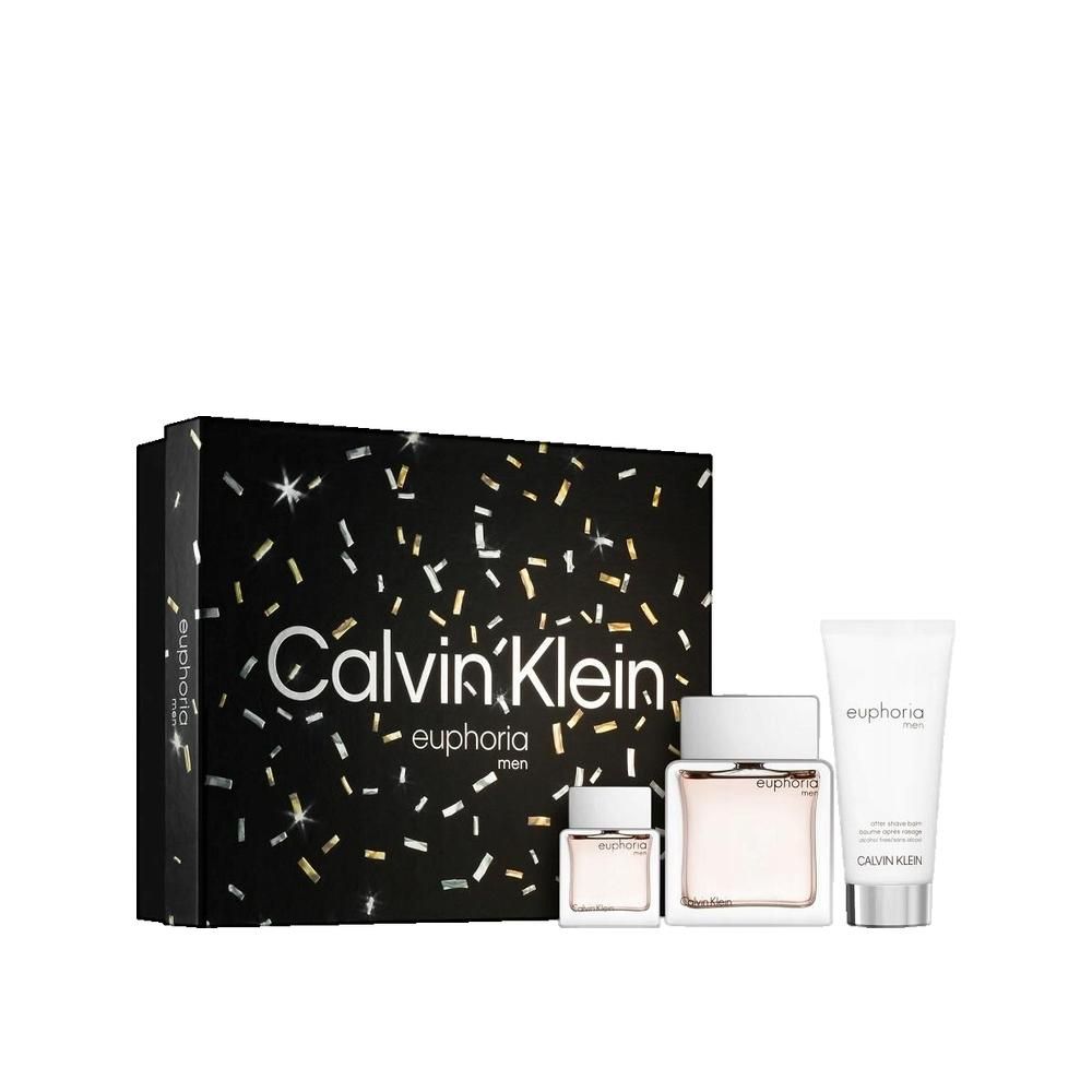 Geschenkset mit schwarzer Schachtel, Parfümflasche, Miniaturflasche und Tube. Aufschrift: Calvin Klein Euphoria Men.
