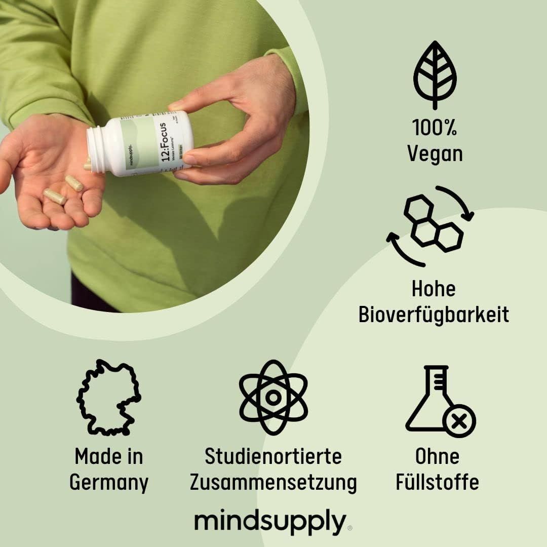 mindsupply® FOCUS - vegane Kapseln mit Gingko, Bacopa, B12 und Panax Ginseng