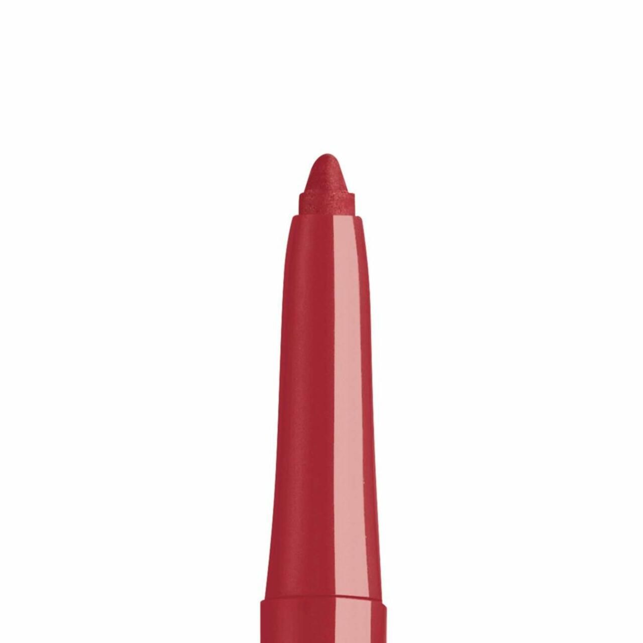 Roter Lipliner, Spitze nach oben. Zylindrische Form, rote Farbe. Detailaufnahme, weißer Hintergrund.