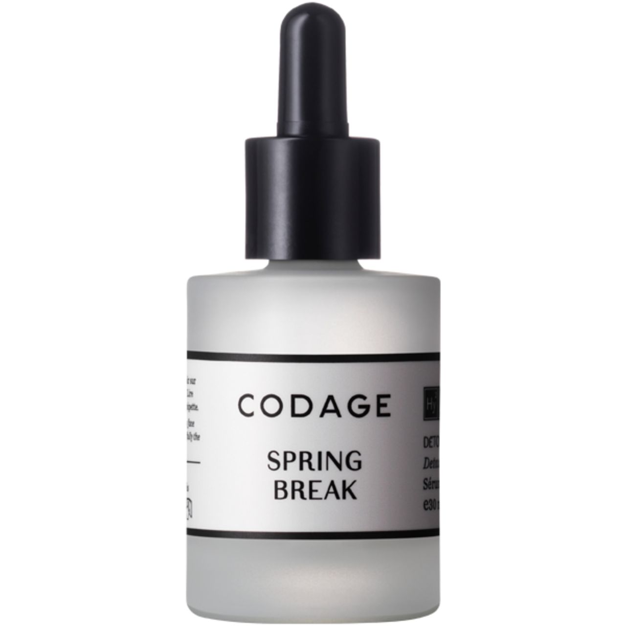 Weißes Serumfläschchen mit schwarzer Pipette. Aufschrift: Codage, Spring Break, Serum. Text: Detox et Réveil Cutané.
