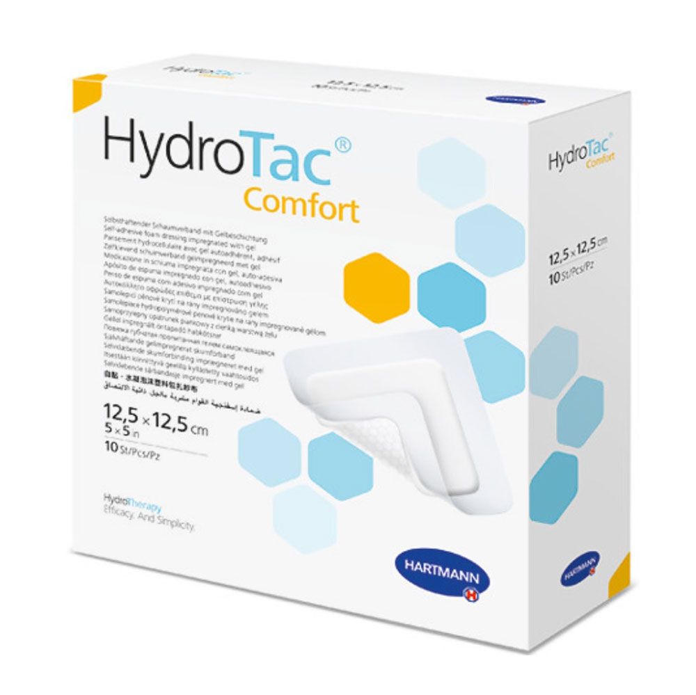 Verpackung mit HydroTac Comfort Schaumverband. Größe 12,5 x 12,5 cm. Enthält 10 Stück. Marke Hartmann.