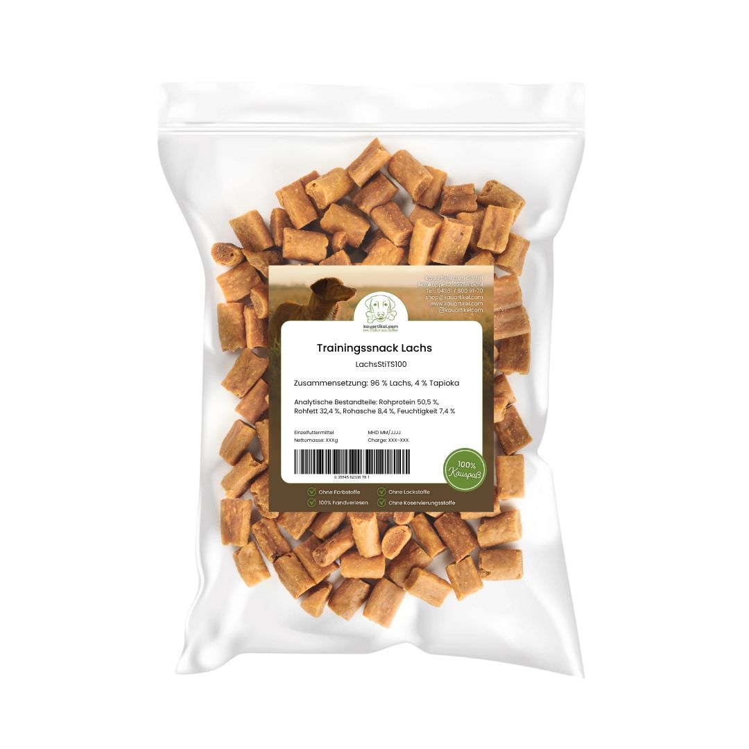 Verpackung mit Trainingssnacks Lachs.