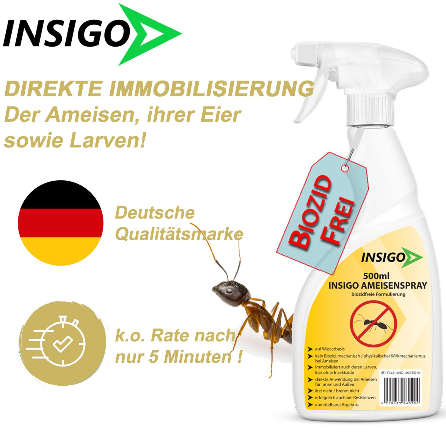 Eine Sprühflasche mit dem Markennamen INSIGO. Auf der Flasche sind Text und das Logo "BIOZID FREI" zu sehen.