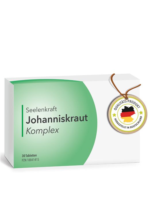 Weiße Schachtel mit grünem Feld und Text. Aufschrift: Johanniskraut Komplex. Siegel: Qualitäts-Produkt, hergestellt in Deutschland.
