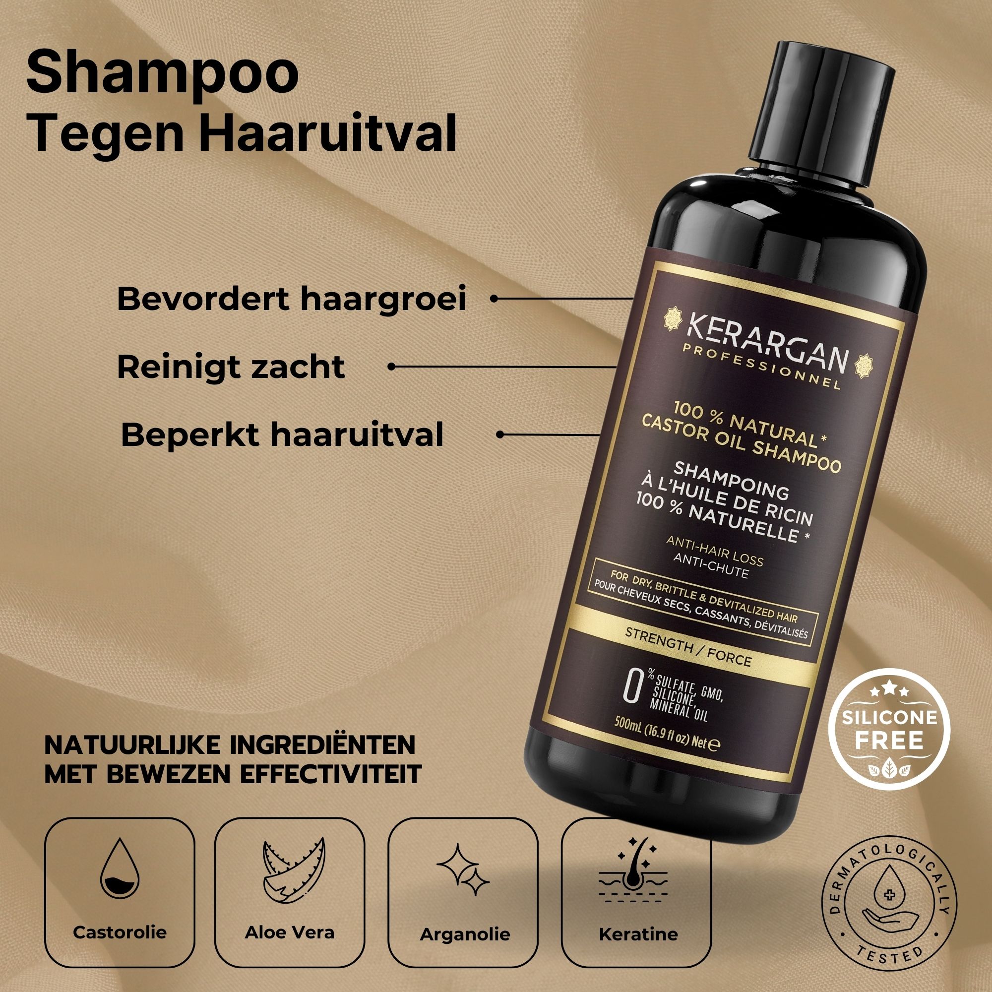 Kerargan shampoo fles. Zwarte fles met bruin etiket. Tekst: 100% Natural Castor Oil Shampoo, Anti-Haaruitval.