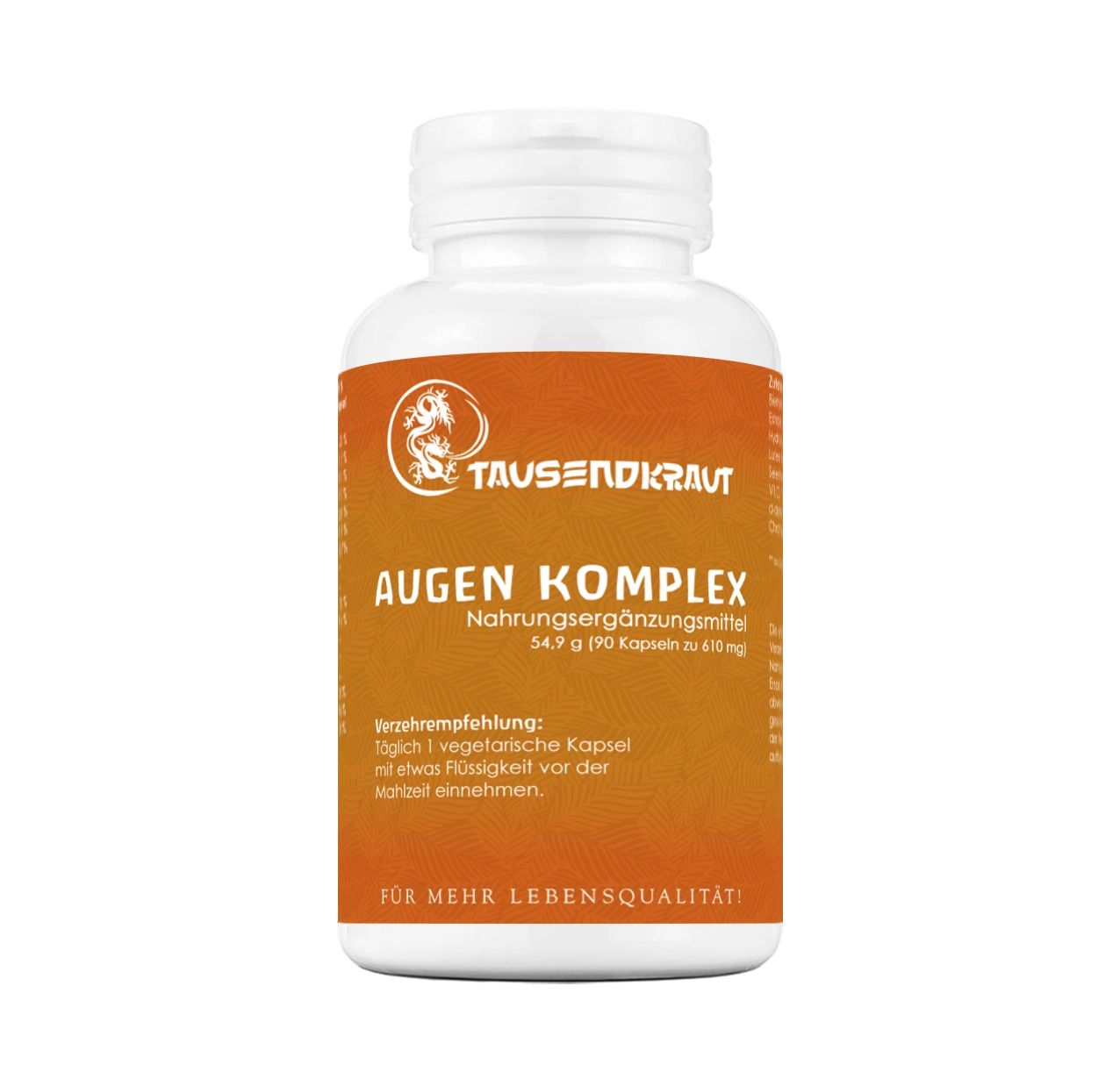 Weißes Fläschchen mit orangefarbenem Etikett. Aufschrift: AUGEN KOMPLEX, Nahrungsergänzungsmittel. Deckel weiß.