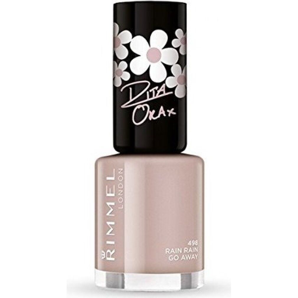 Nagellackflasche, hellgrau. Schwarzer Deckel mit Blumenmuster und "Dita Ora x"-Schriftzug. Marke: Rimmel London. Farbton: 498 Rain Rain Go Away.