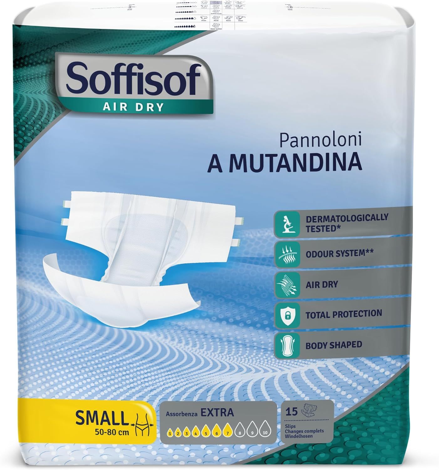 Verpackung von Soffisof Air Dry Windeln für Erwachsene Extra. Enthält 15 Stück. Größe Small, 50-80 cm. Mit dermatologischer Prüfung.