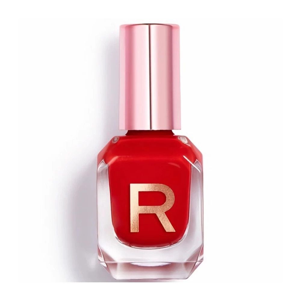 Roter Nagellackflakon mit rosafarbenem Deckel. Auf dem Flakon ist ein goldfarbenes "R" zu sehen.