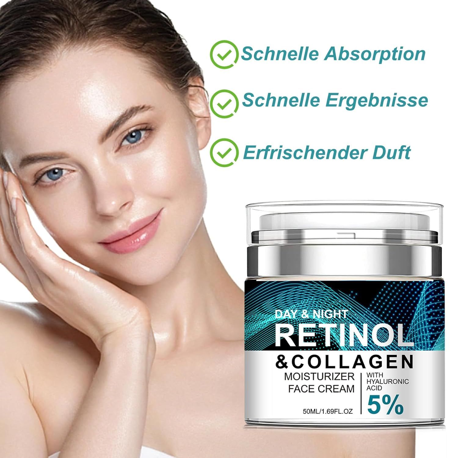 Soleneva Retinol Creme Gesicht mit Model und Produkt-Tiegel, mit Vorteilen.