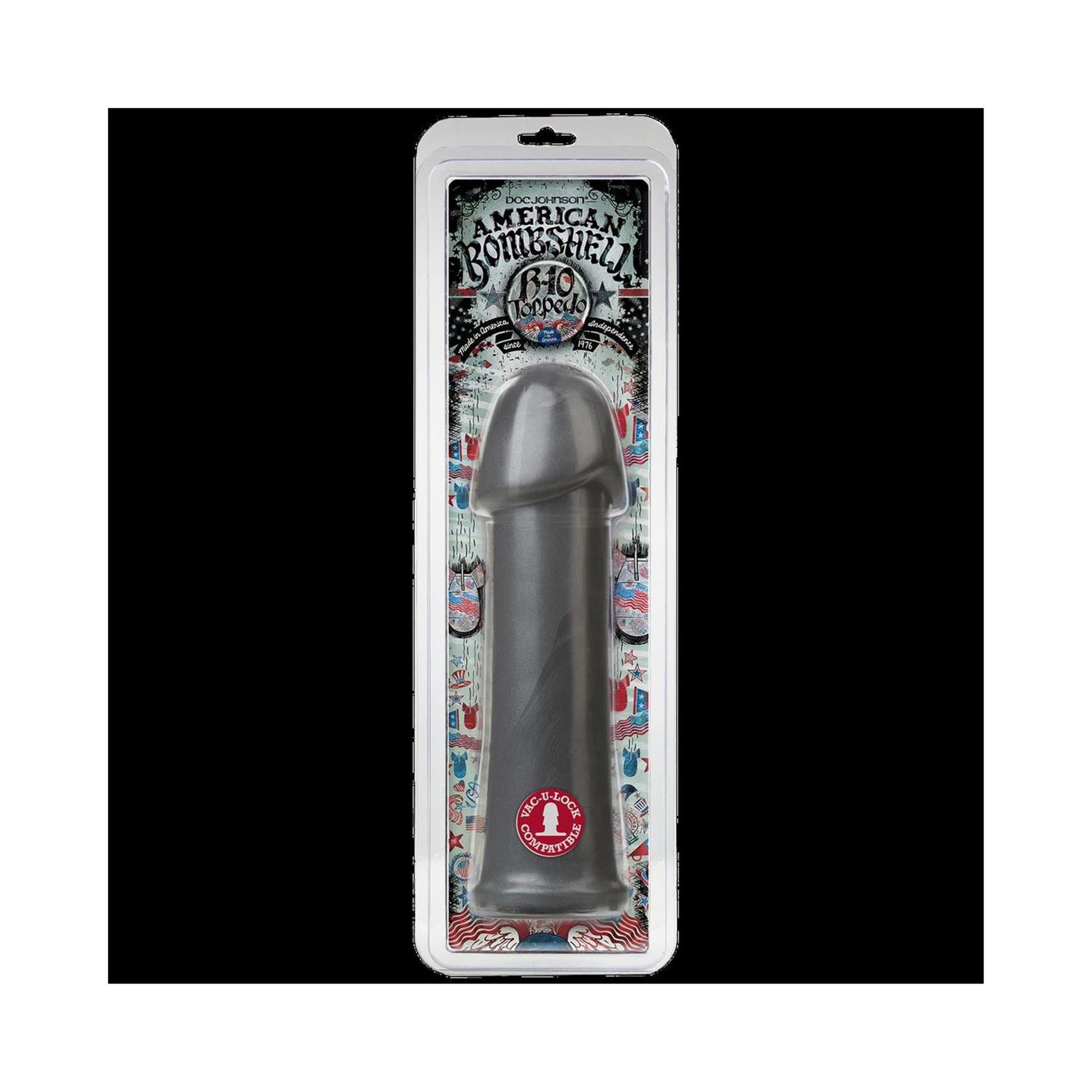 Schwarzgrauer Butt Plug in Verpackung. Marke: Doc Johnson. B-10 Torpedo. Mit rotem Siegel.