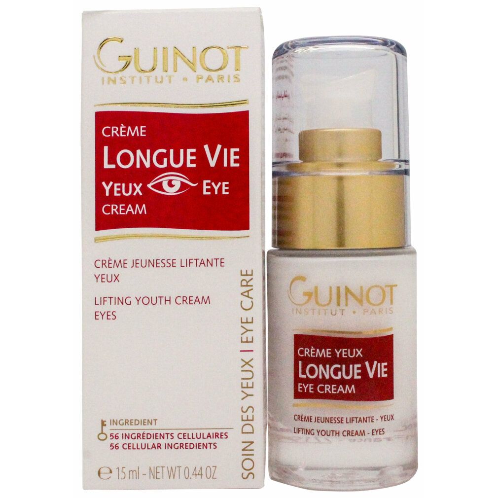Prodotto con confezione. Contenitore bianco e scatola. Etichetta rossa con testo "LONGUE VIE EYE CREAM". Marchio: Guinot. Testo: 15 ml.
