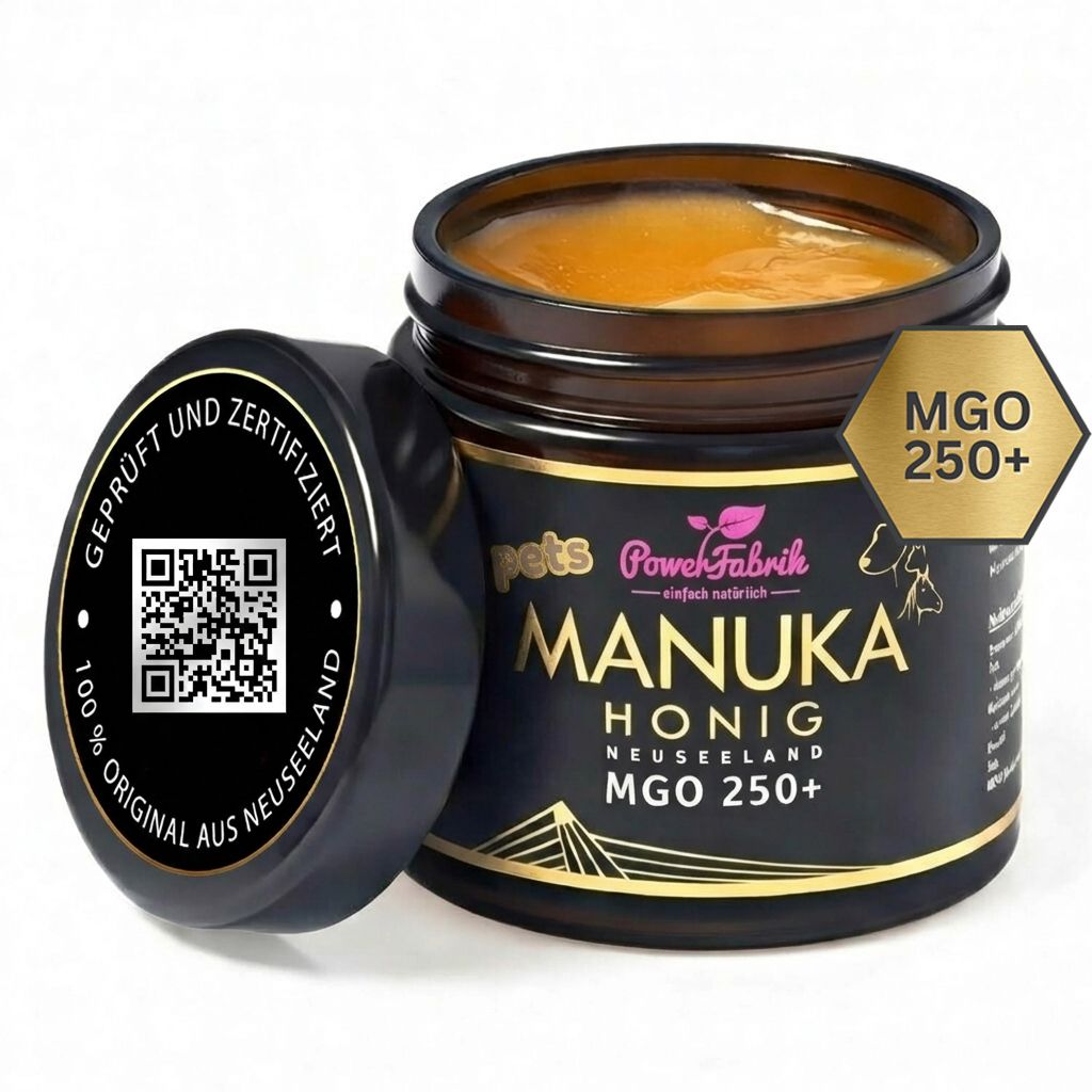 Glas mit Manuka Honig, MGO 250+. Schwarzer Deckel mit QR-Code. Aufschrift: PowerFabrik Manuka Honig, MGO 250+.