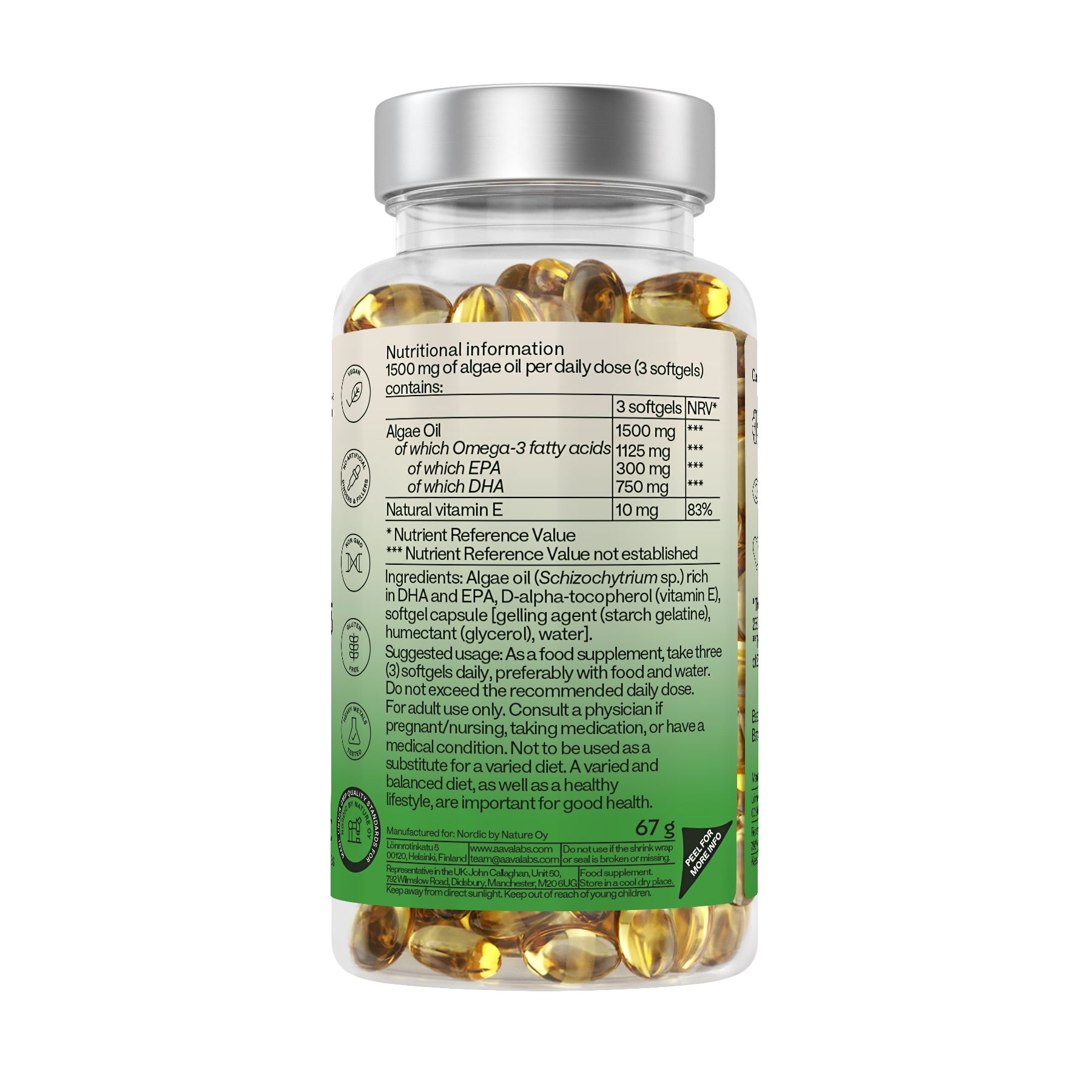 Rückseite einer Flasche mit Kapseln. Enthält Informationen zu Inhaltsstoffen, Nährwerten und Verzehrempfehlungen. Grüne und weiße Beschriftung.