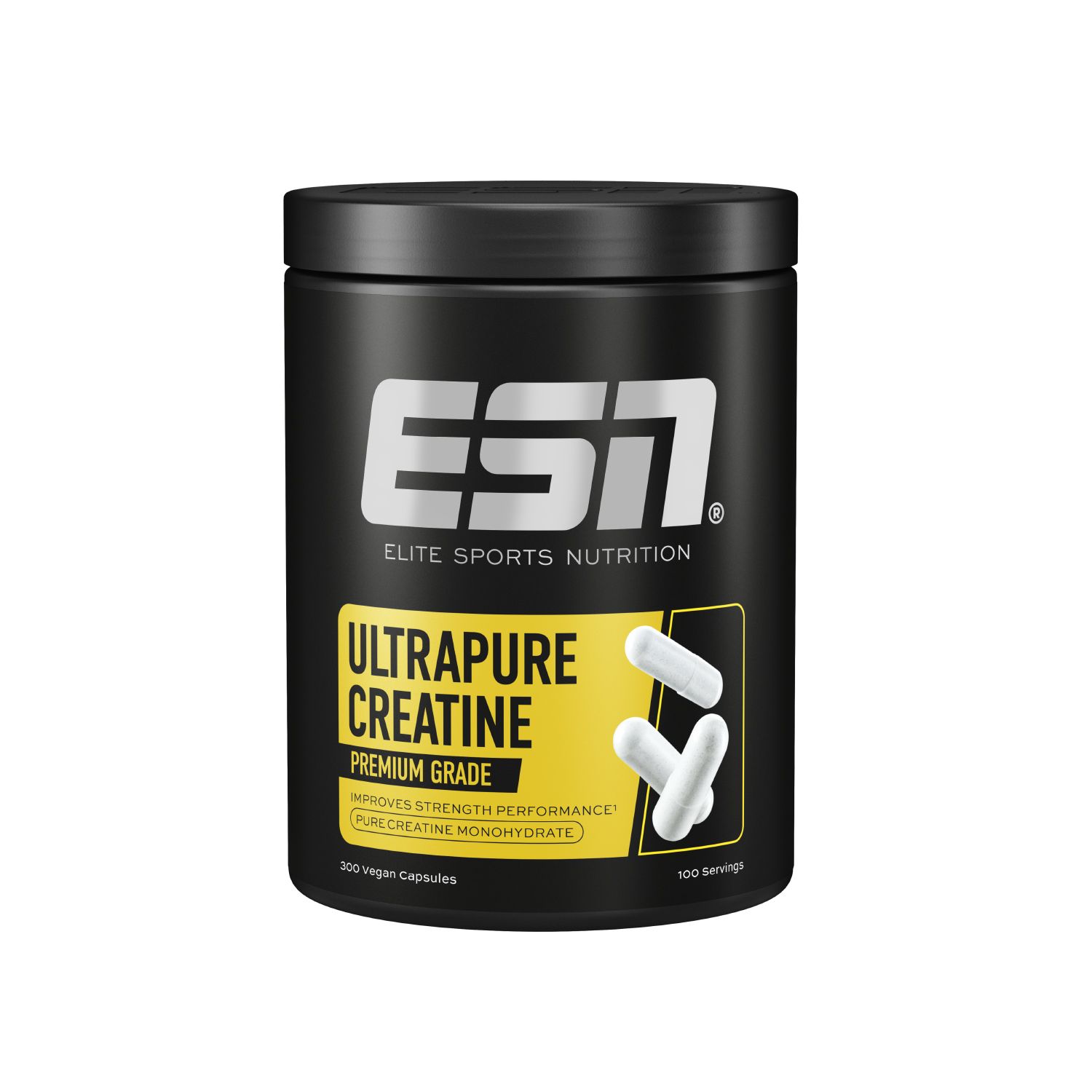 Schwarze Dose mit weißem Etikett und Text. Enthält Kapseln. Aufschrift: ESN, Ultrapure Creatine, Premium Grade.