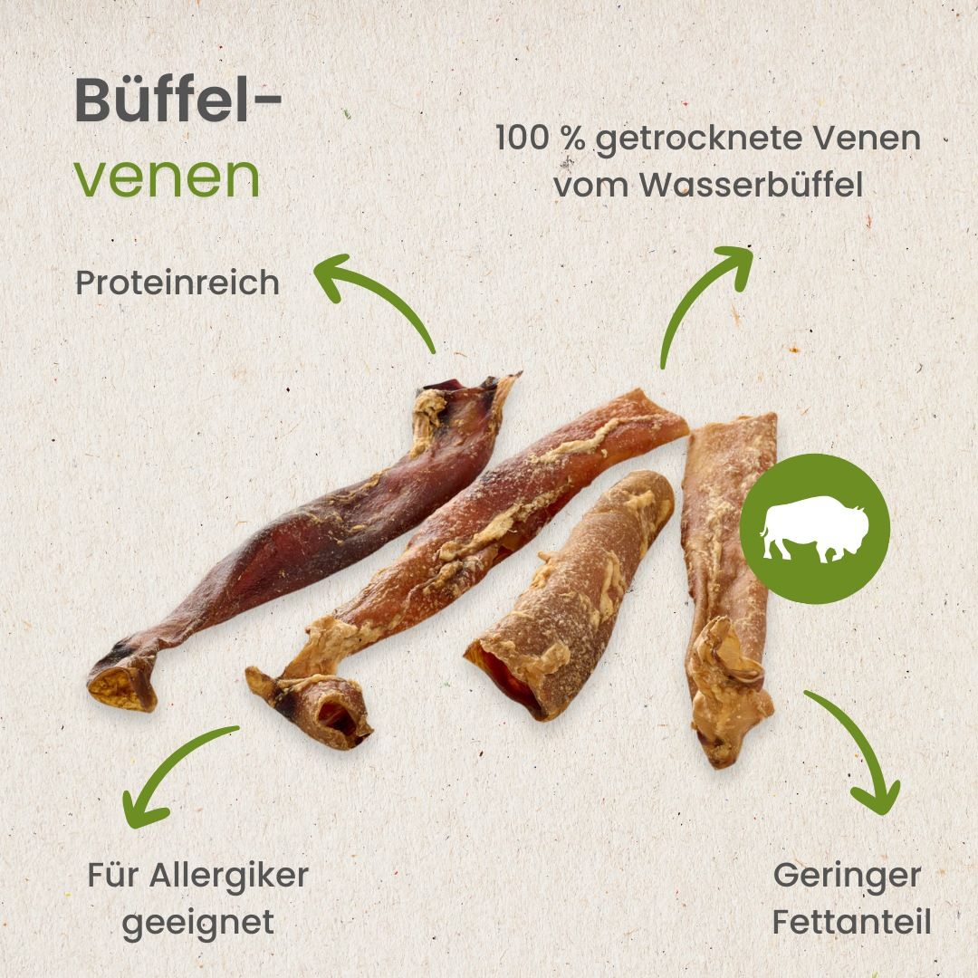 Fünf getrocknete Büffelvenen, 100% Büffel, proteinreich, für Allergiker geeignet.