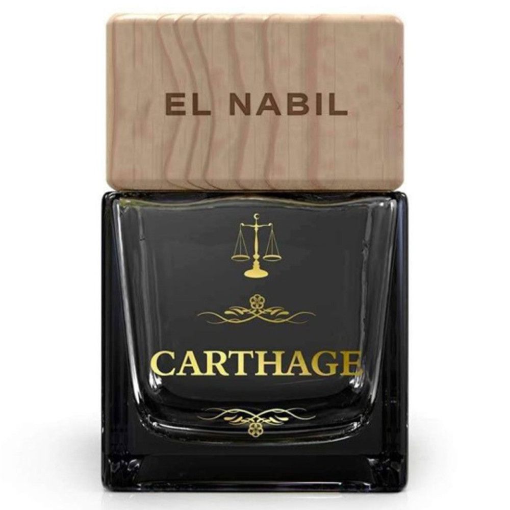 Schwarzer Flakon mit Holzdeckel. Aufschrift "EL NABIL" und "CARTHAGE" in Gold. Goldene Waage-Grafik.