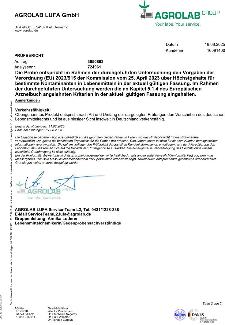 Prüfbericht von Agrolab LUFA GmbH. Bestätigt die Konformität mit EU-Vorschriften. Datum: 18.08.2025. Unterschrift.