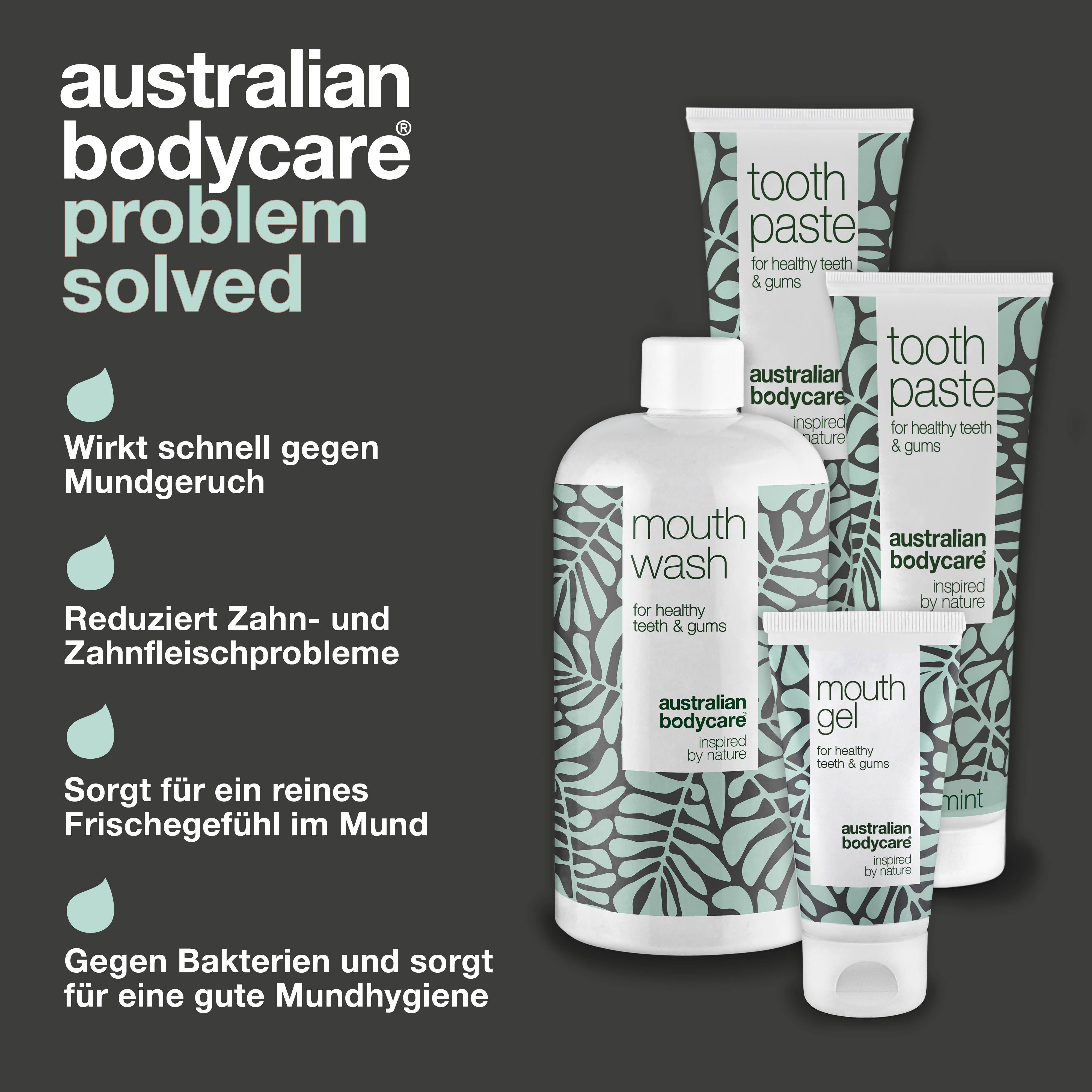 Mundpflegeprodukte von Australian Bodycare. Text: Wirkt schnell gegen Mundgeruch, reduziert Zahnfleischprobleme.
