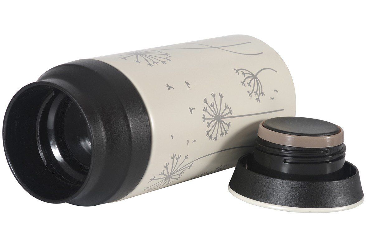 Thermosflasche mit Pusteblumen-Design, Deckel daneben. Beige mit schwarzem Deckel.