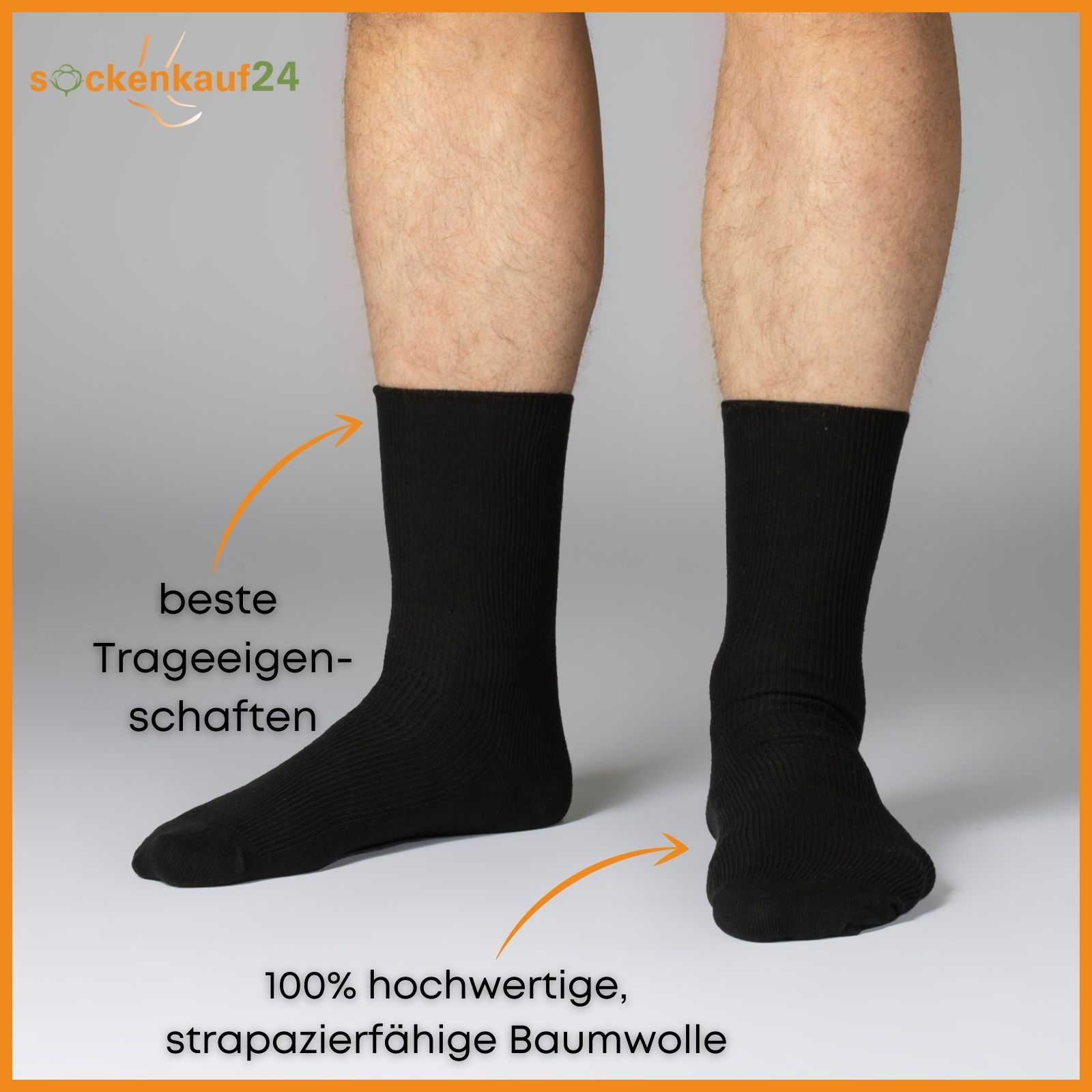Zwei schwarze Socken am Fuß. Text: beste Trageeigenschaften. Text: 100% hochwertige, strapazierfähige Baumwolle. Text: sockenkauf24.