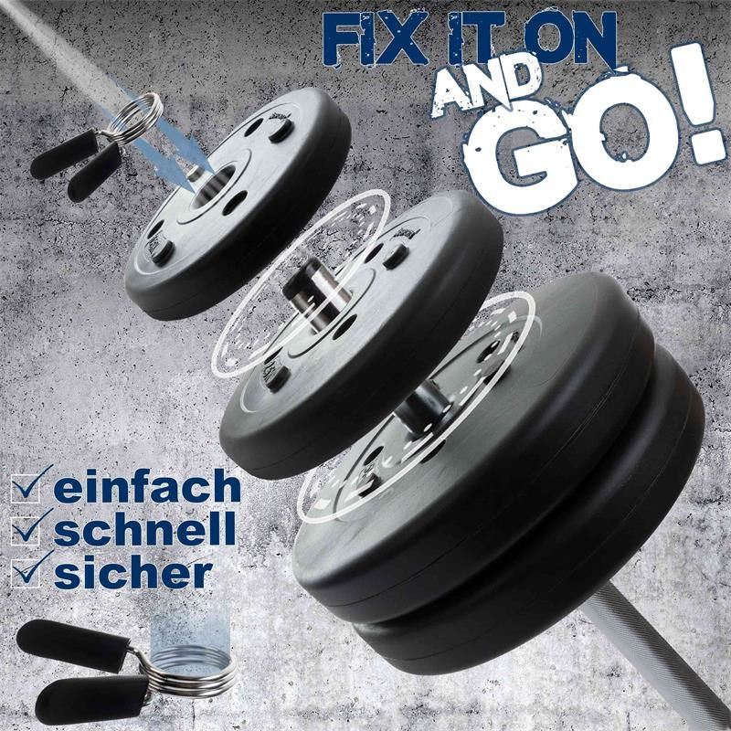 Hantelscheiben und Zubehör. Text: FIX IT ON AND GO! und einfach, schnell, sicher.