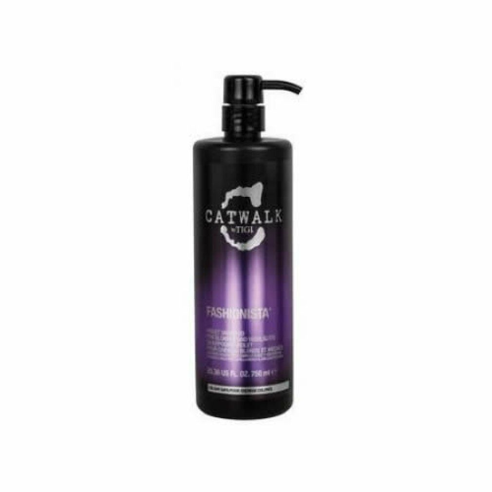 Schwarze Flasche mit Pumpe. Aufschrift CATWALK TIGI FASHIONISTA. Lila Farbverlauf. Schwarzer Pumpkopf.