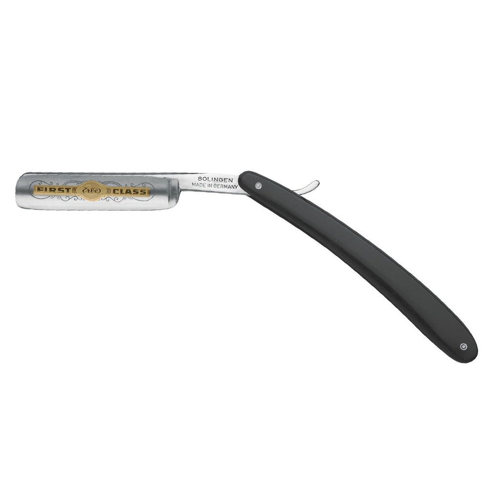 Schwarzes Rasiermesser mit silberner Klinge und goldener Schrift.