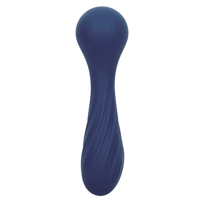 Blauer Vibrationsmassager mit zwei runden Enden und gewellter Oberfläche. Zwei Knöpfe sind sichtbar.