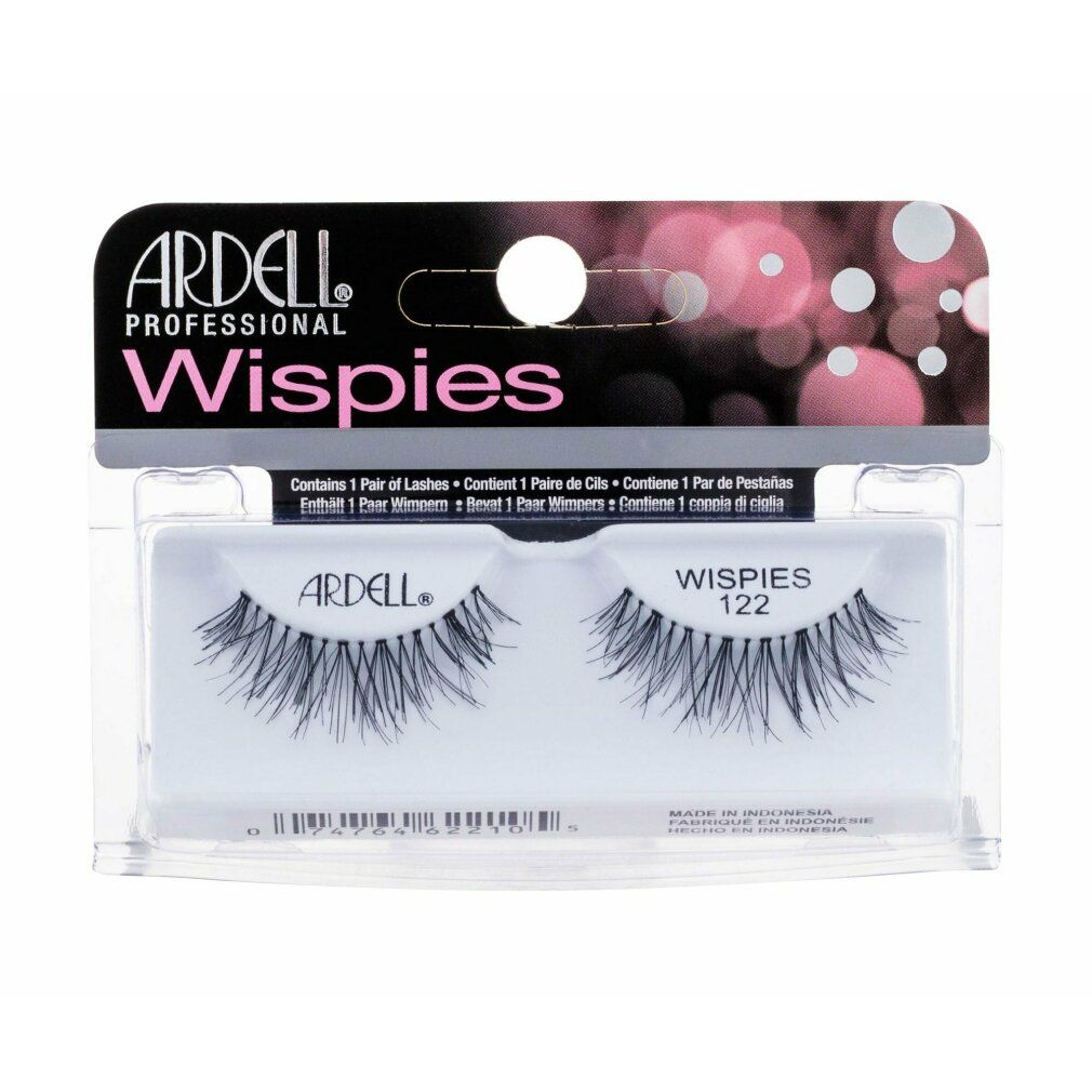 Ardell Wispies 122 Black. Schwarze falsche Wimpern in Verpackung. Marke und Produktbezeichnung deutlich sichtbar.