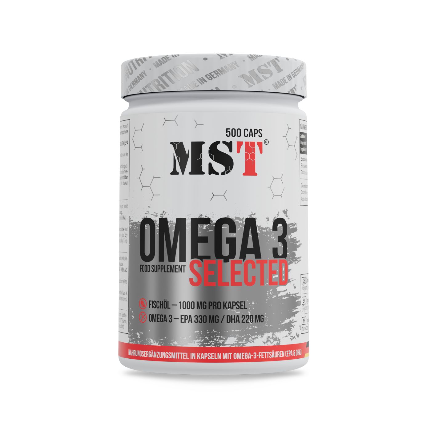Weiße Dose mit roter und grauer Aufschrift. OMEGA 3 SELECTED, 500 Kapseln. Fischöl-Nahrungsergänzungsmittel.