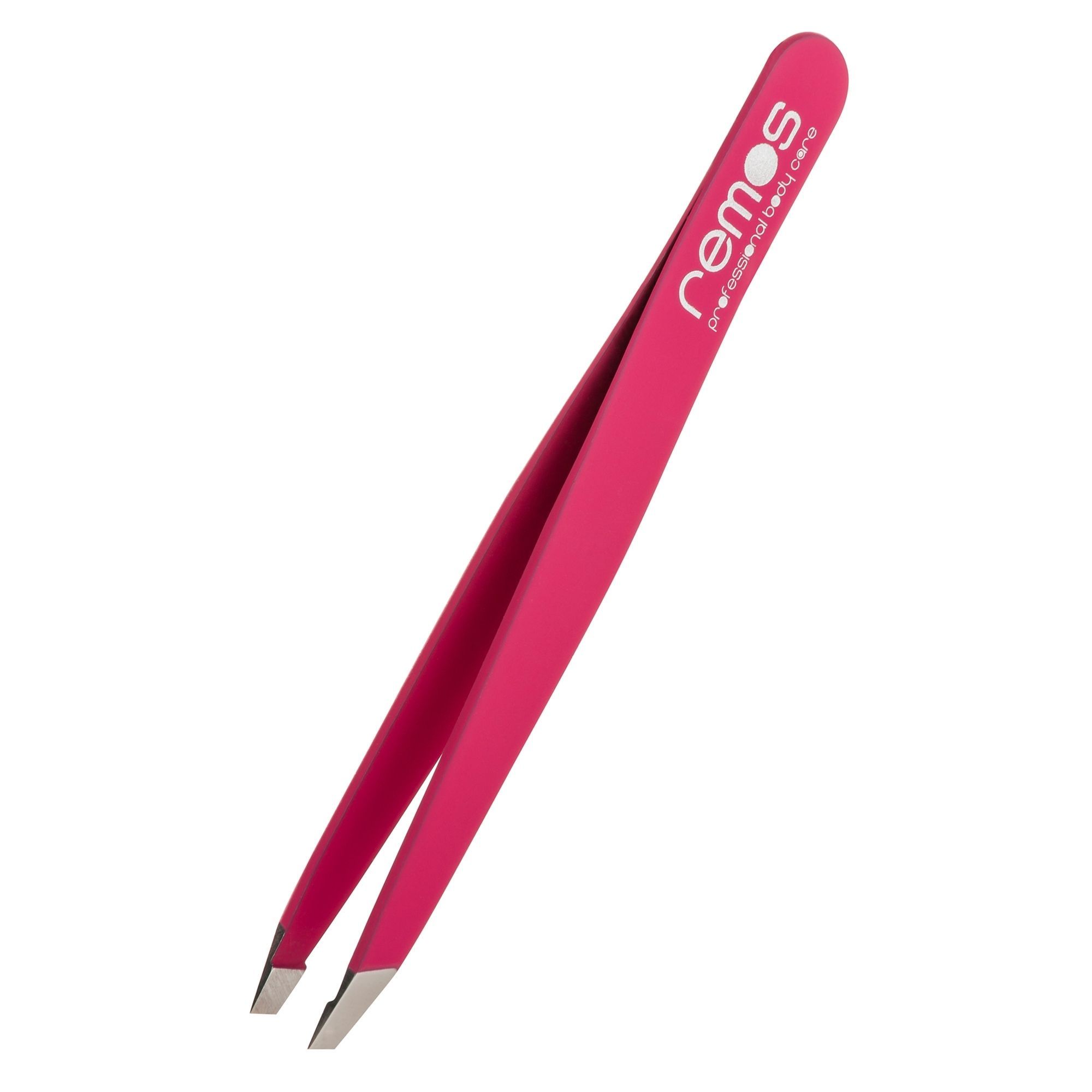 Eine einzelne pinke REMOS Augenbrauenpinzette mit silbernen Spitzen, isoliert auf weißem Hintergrund.