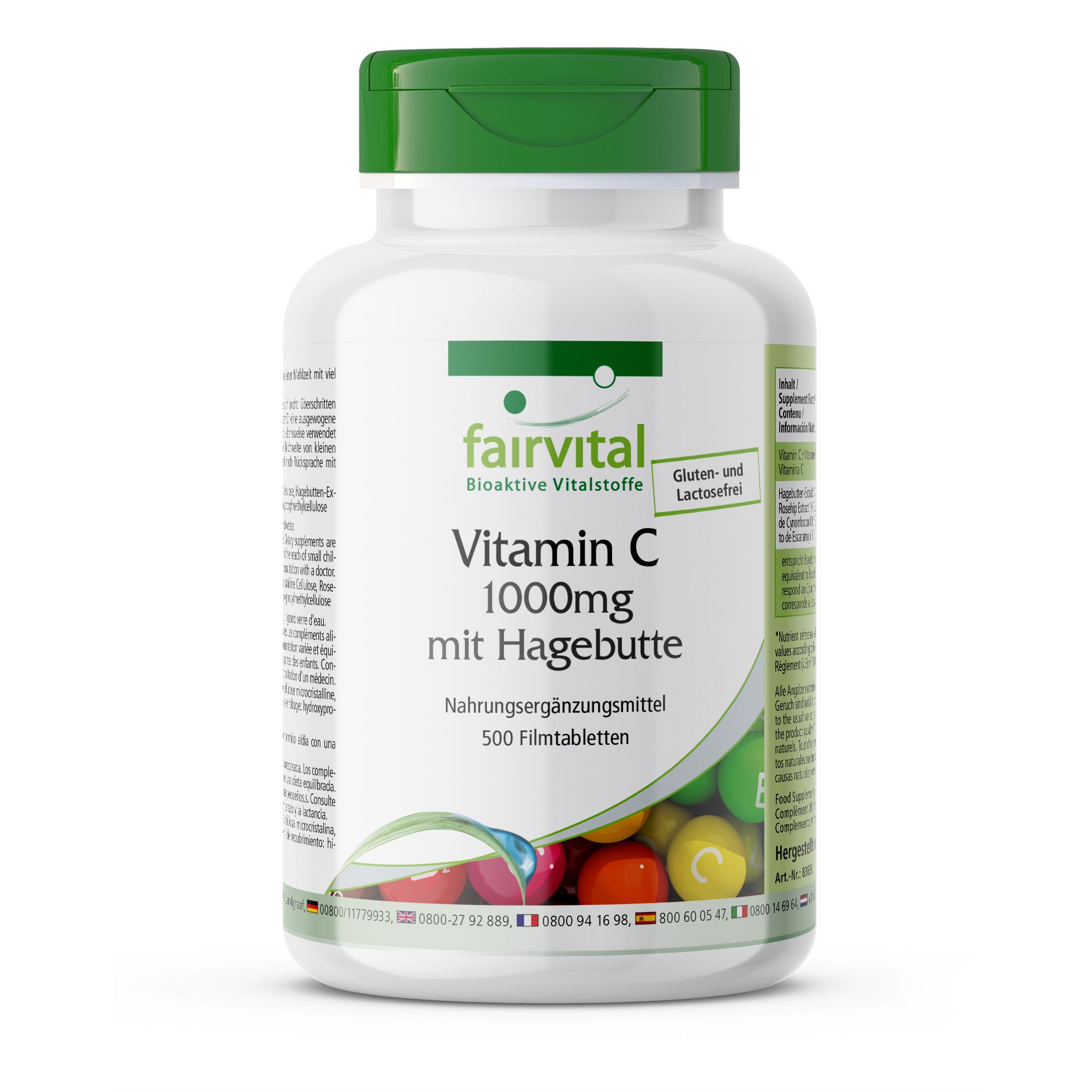 Flasche Fairvital Vitamin C 1000mg mit Hagebutte, 500 Filmtabletten. Gluten- und lactosefrei.