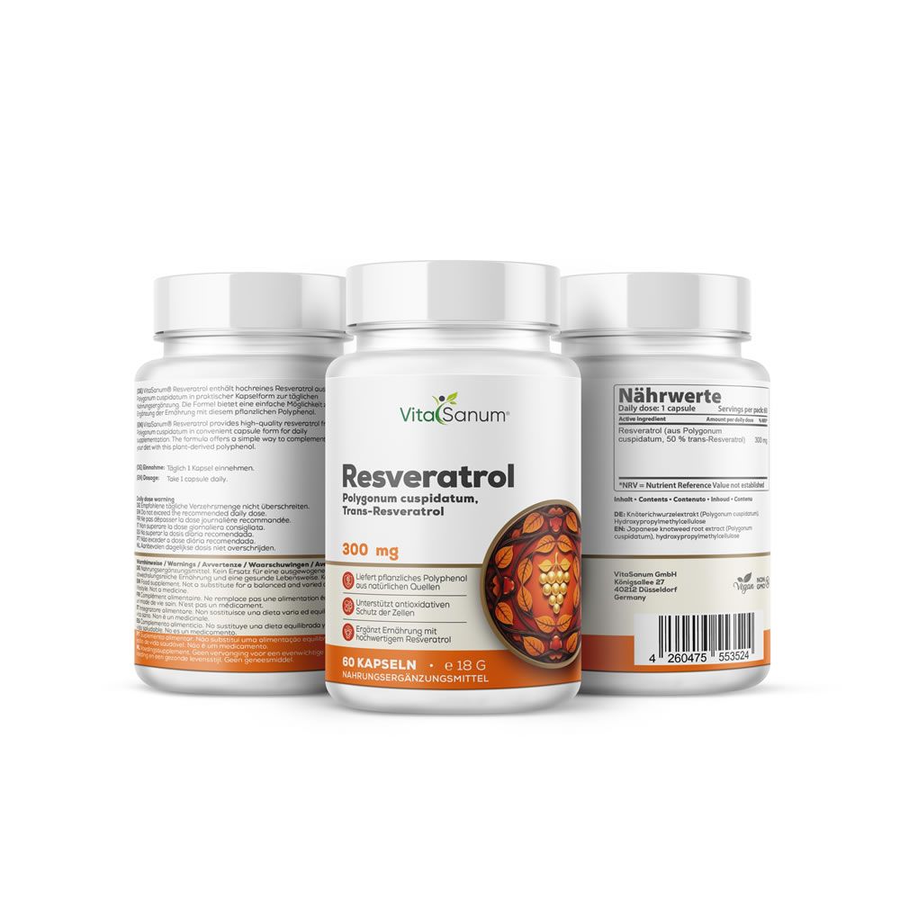 Drei weiße Flaschen mit Etiketten. Aufschrift: Resveratrol, 300 mg. Abbildung von Trauben. 60 Kapseln.
