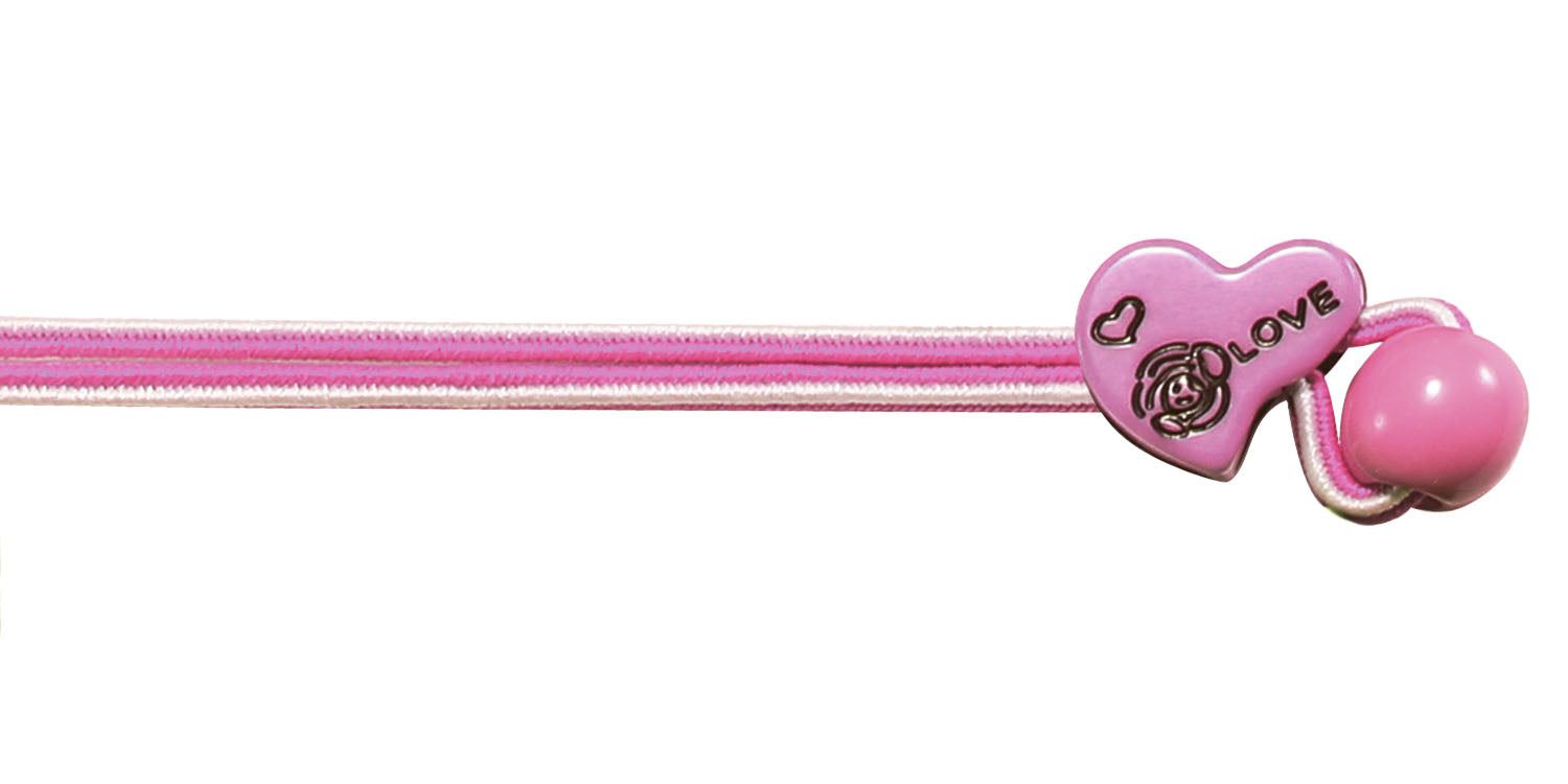 Rosa Brillenband mit Herz-Dekoration. Herz mit Rose und "LOVE"-Schriftzug. Kugel am Ende.