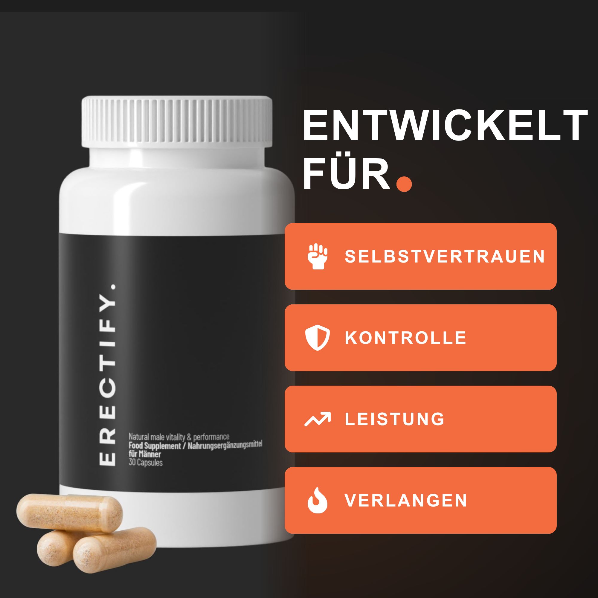 Erectify Nahrungsergänzungsmittel für Männer, 30 Kapseln.