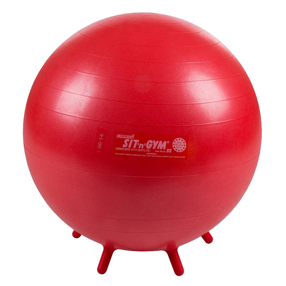 Roter Gymnic Sit 'n' Gym Fitnessball mit drei Füßen. Aufschrift: SIT 'n' GYM. Größe 55.