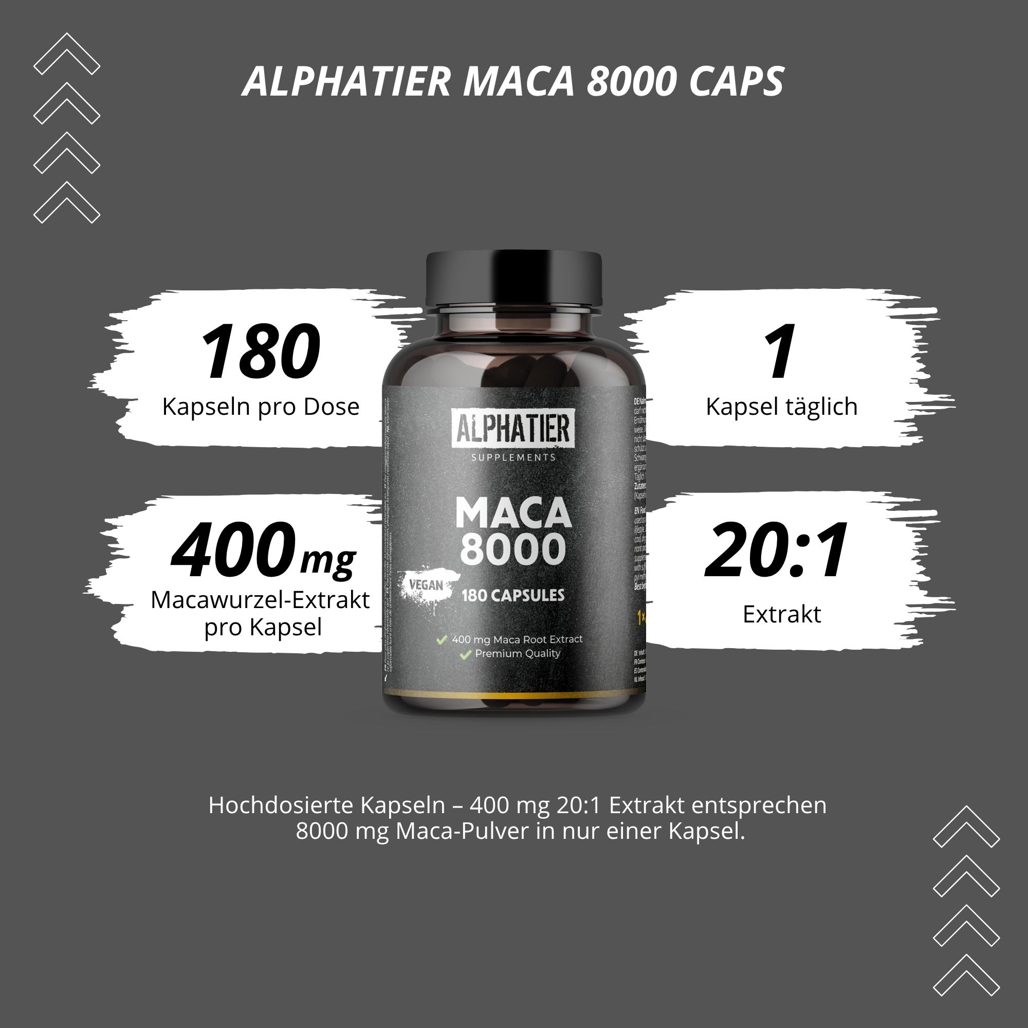 Schwarze Flasche Alphatier Maca 8000. 180 Kapseln pro Dose. 1 Kapsel täglich. 400mg Macawurzel-Extrakt pro Kapsel. 20:1 Extrakt.