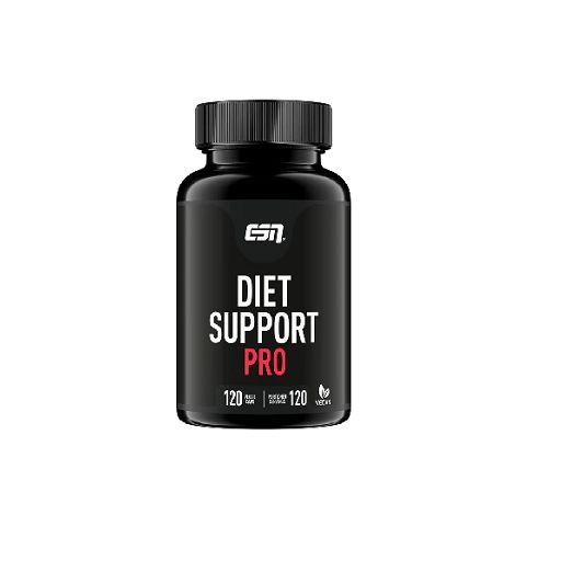 Nahrungsergänzungsmittel-Dose, schwarz, mit weißer und roter Schrift: DIET SUPPORT PRO. 120 Kapseln.