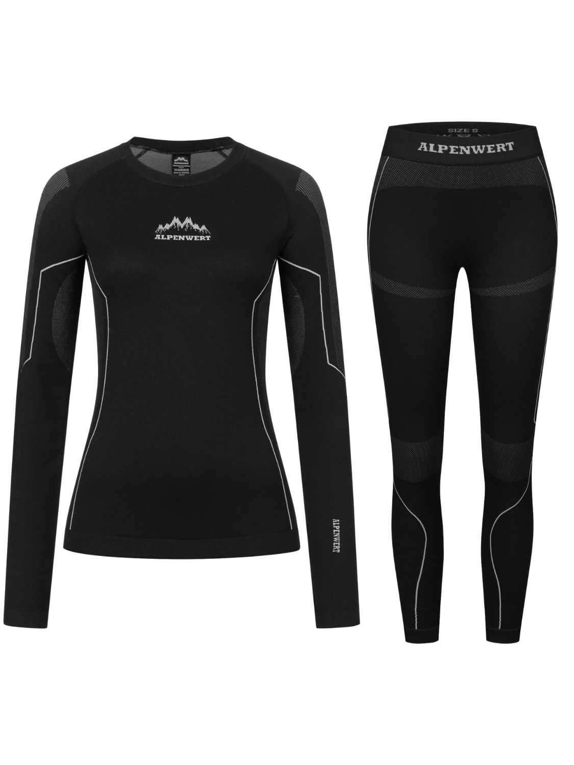 Schwarzes Damen-Thermounterwäsche-Set: Langarmshirt und Leggings, mit Alpenwert-Logo.