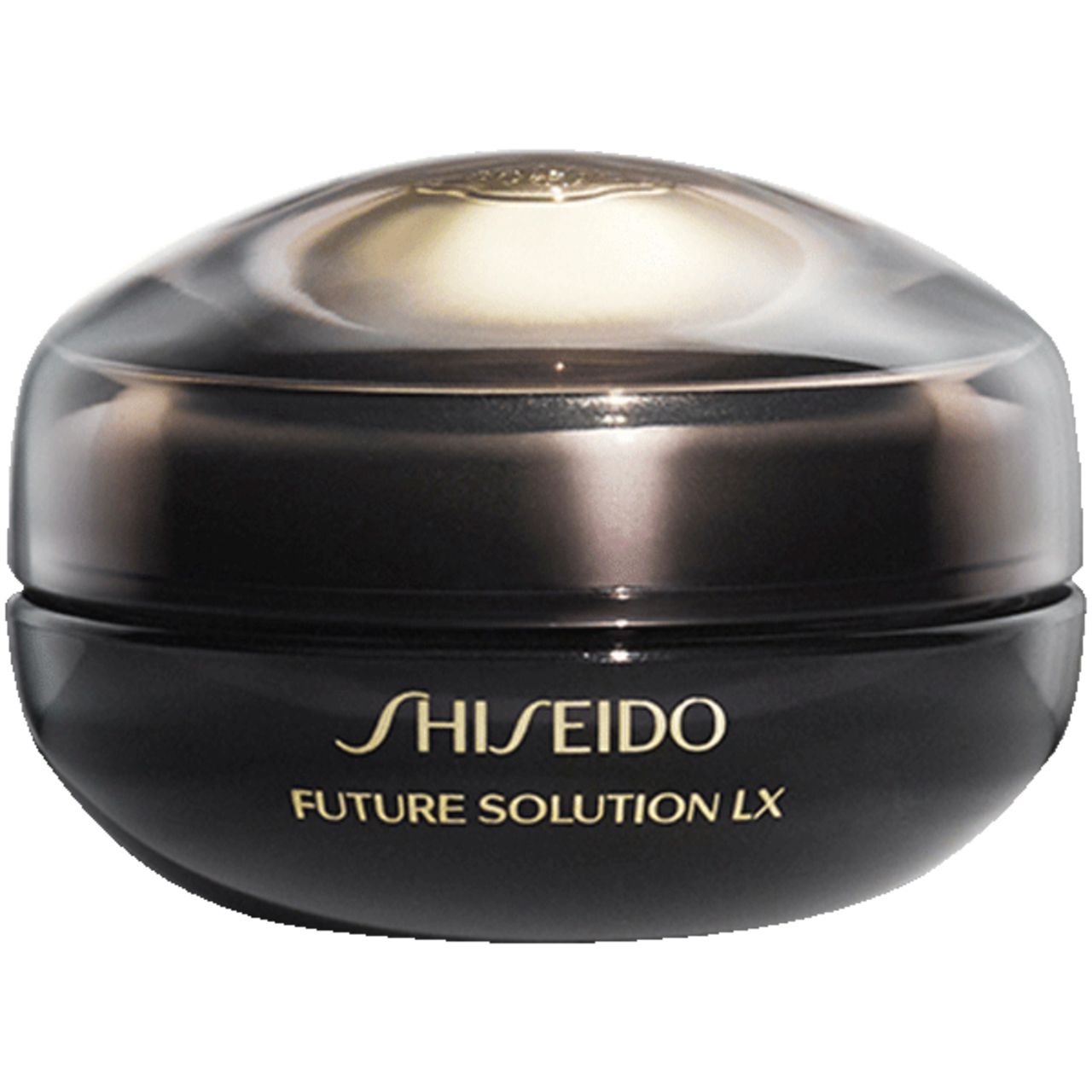 Schwarzer Tiegel mit goldfarbenem Deckel. Aufschrift: SHISEIDO FUTURE SOLUTION LX.