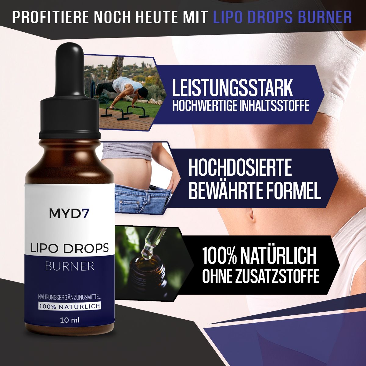 Flasche mit "MYD7", "LIPO DROPS BURNER". Grafiken: Personen beim Sport, Bauch, Text: "LEISTUNGSSTARK", "HOCHDOSIERTE BEWÄHRTE FORMEL", "100% NATÜRLICH".