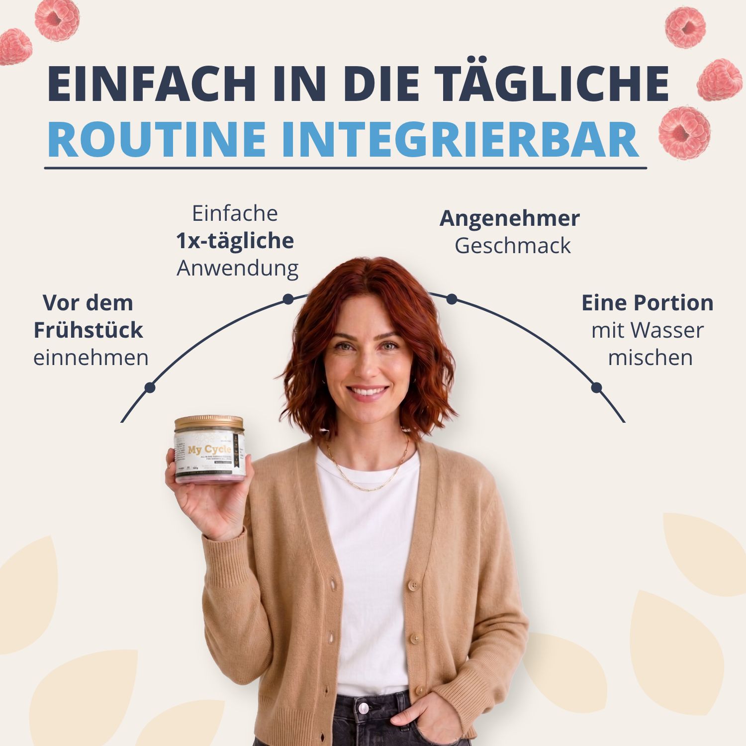 Frau hält Glasbehälter mit rosa Pulver, neben Anwendungshinweisen.