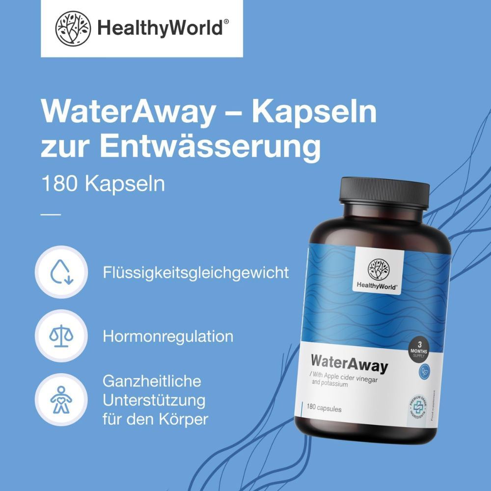 Flasche WaterAway, 180 Kapseln. Logo HealthyWorld. Text: WaterAway - capsules voor waterafvoer. Blaue Hintergrund.