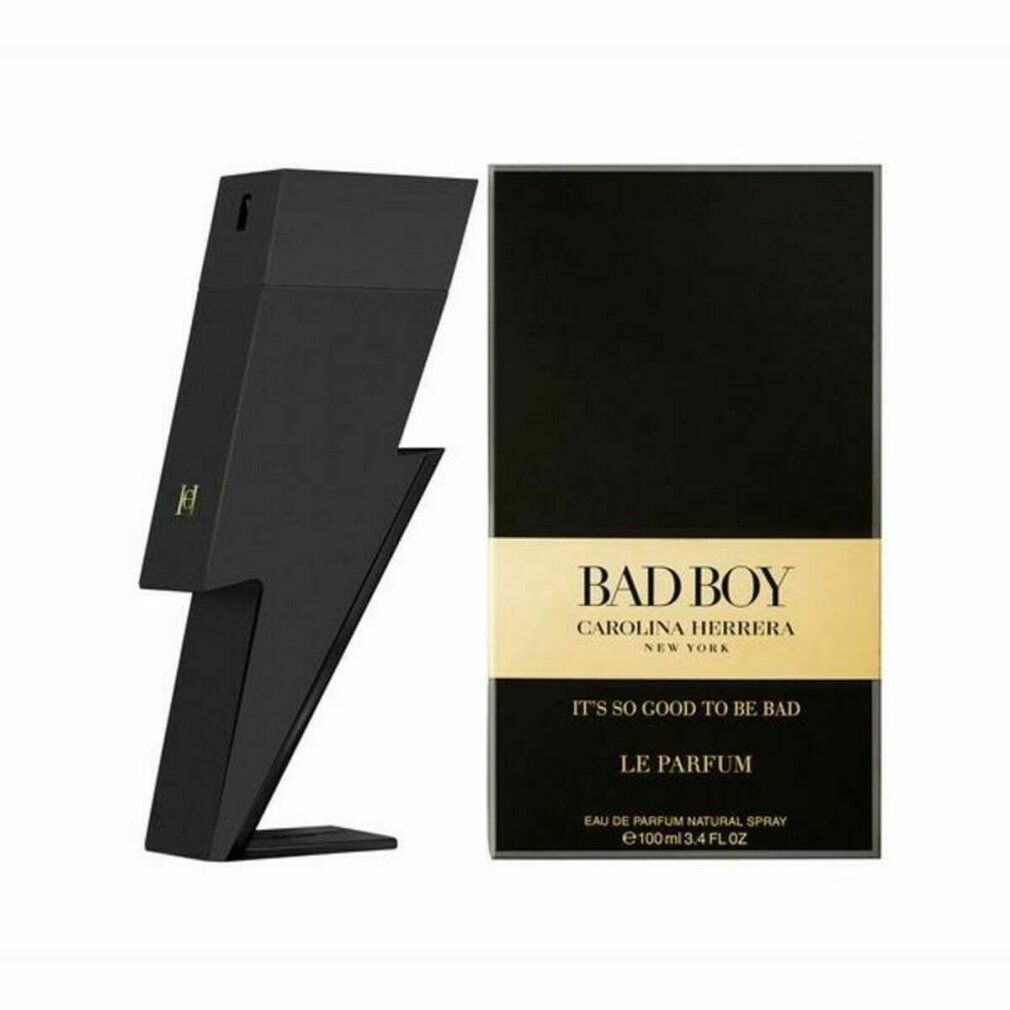 Schwarzer Flakon in Blitzform und Verpackung. Aufschrift: Bad Boy, Carolina Herrera, Le Parfum. 100 ml.