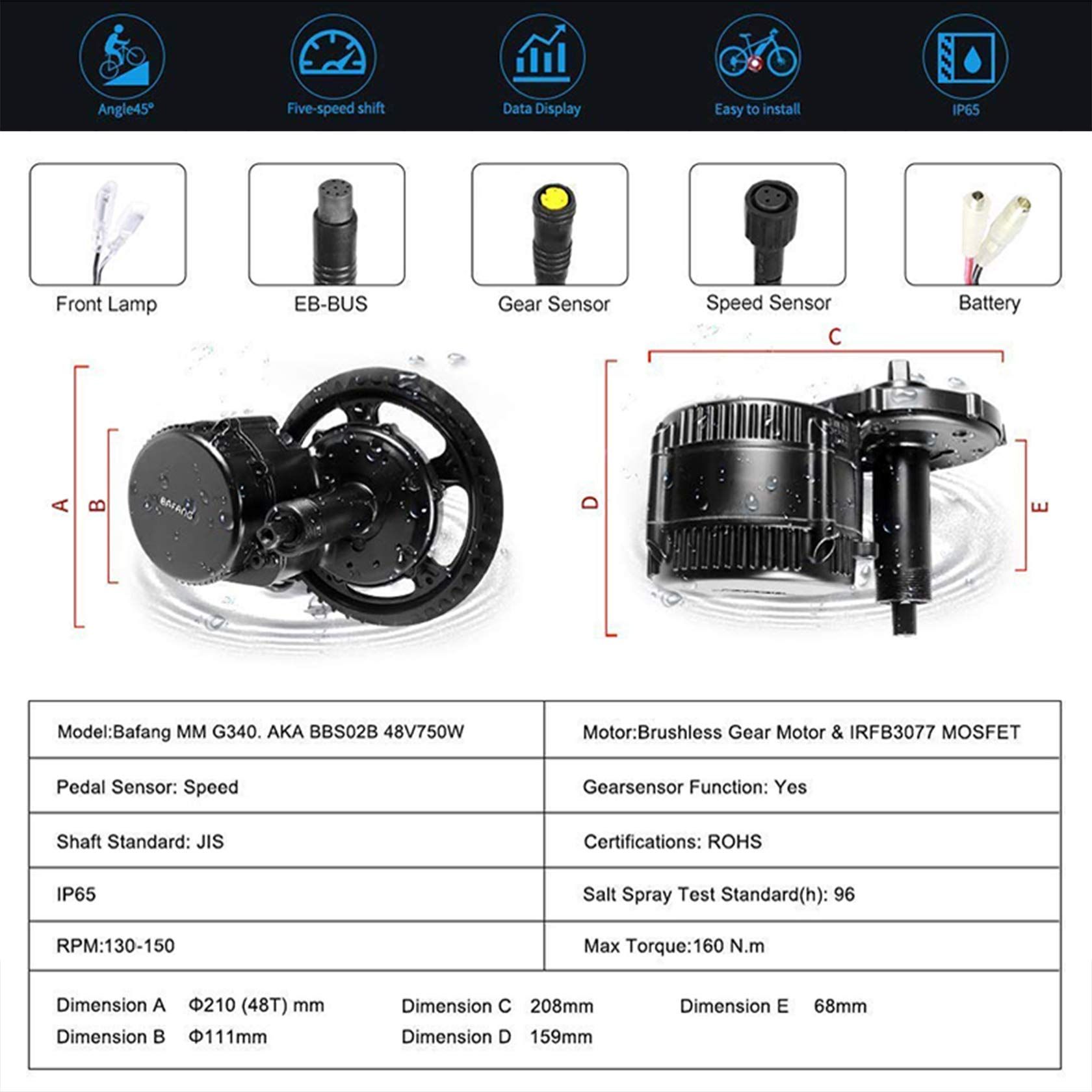 Zwei Ansichten eines schwarzen Fahrrad-Getriebemotors mit Abmessungen. Enthält Frontlampe, EB-BUS, Sensorspezifikationen und Batterie.
