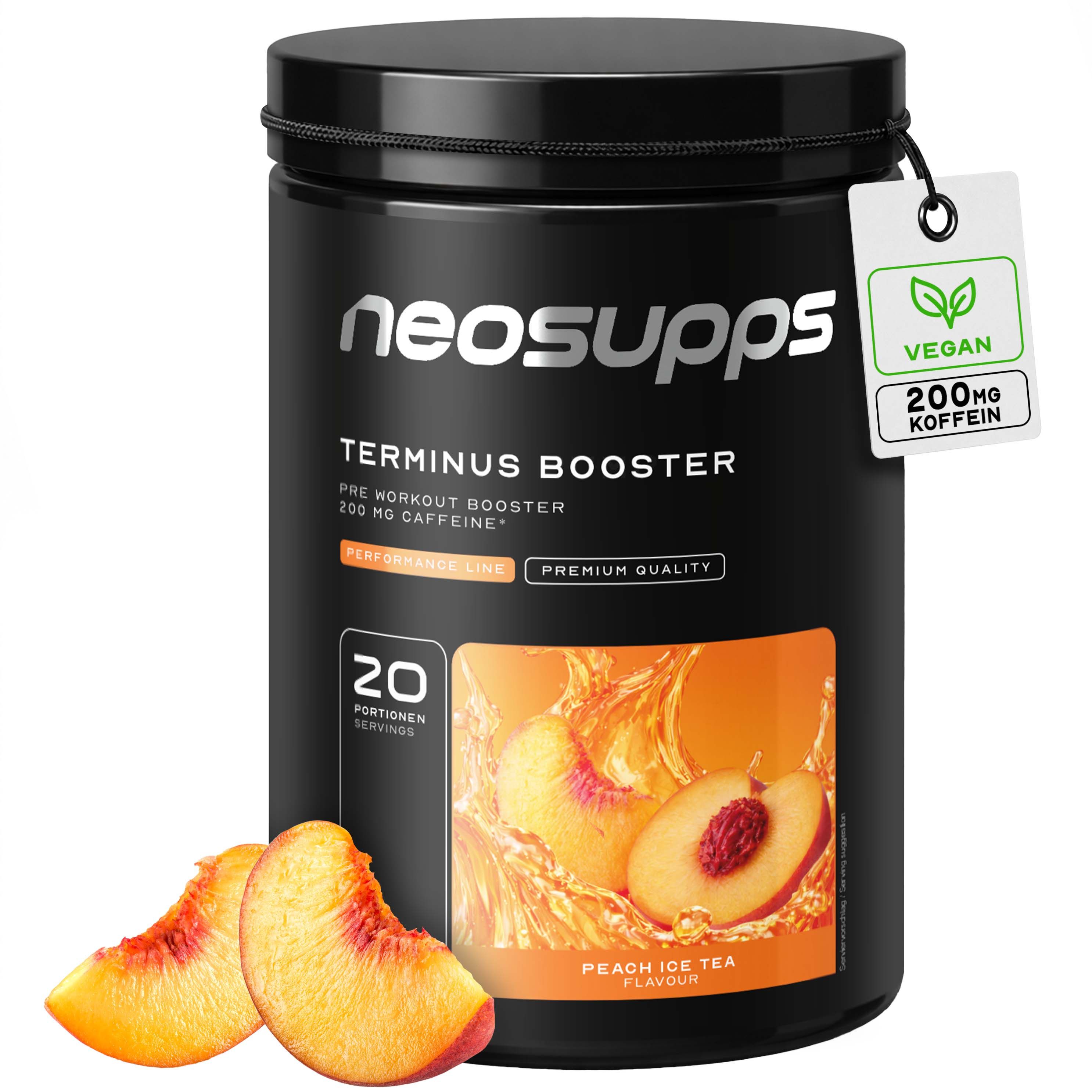 Neosupps Terminus Booster Dose, Pfirsich Eistee Geschmack, mit Koffein und veganem Siegel.