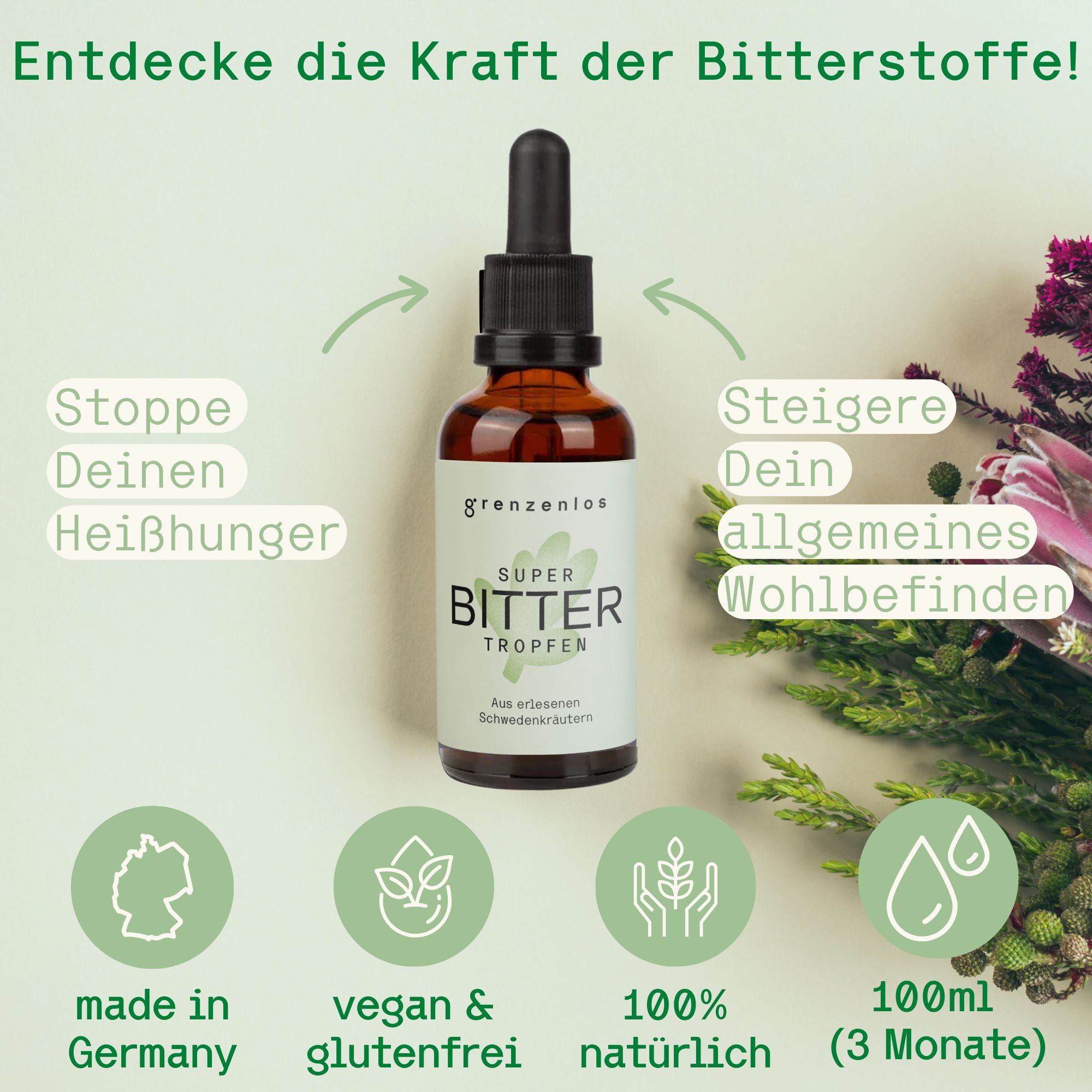 Braune Flasche mit Pipette. Auf grünem Hintergrund mit Text: made in Germany, vegan & glutenfrei, 100% natürlich.